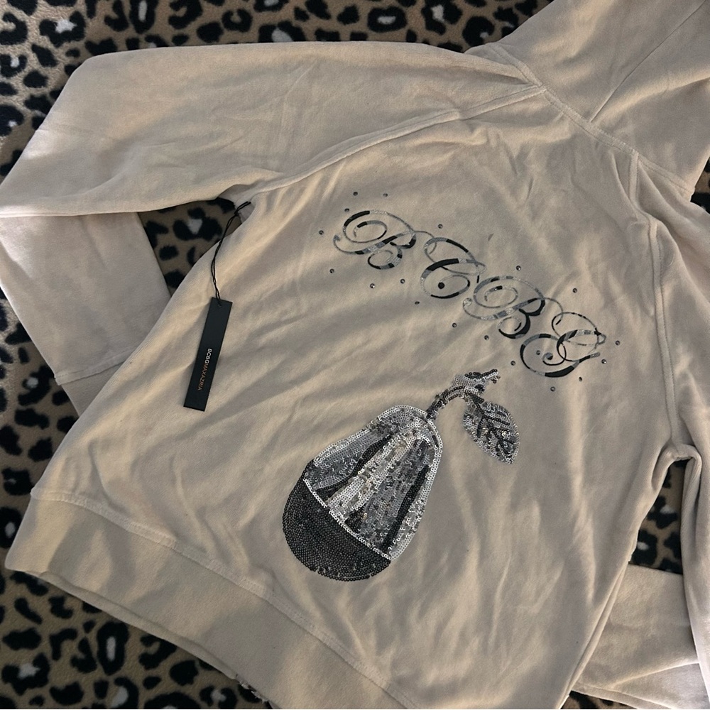 **BRAND NEW** BCBG Cream Velour Bling Rhinestone Zip Up Hoodie